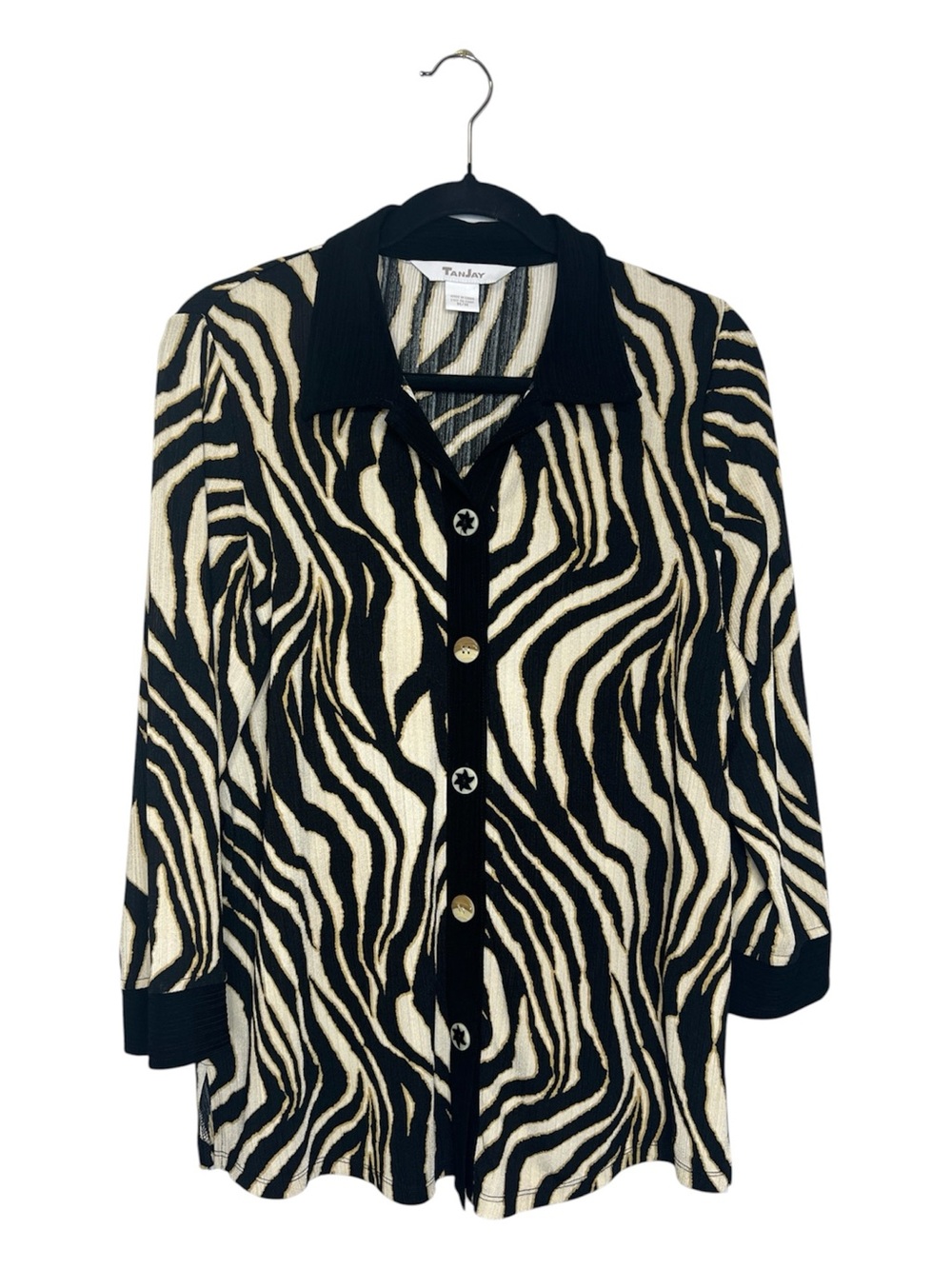 TanJay Zebra Tiger Animal Print black and cream Button Down Too size Medium